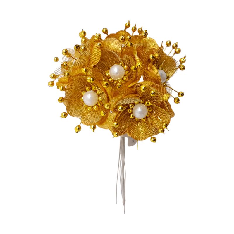 4&quot; Satin Pearl Flower Pick x6 w/1.5&quot; Head Gold
