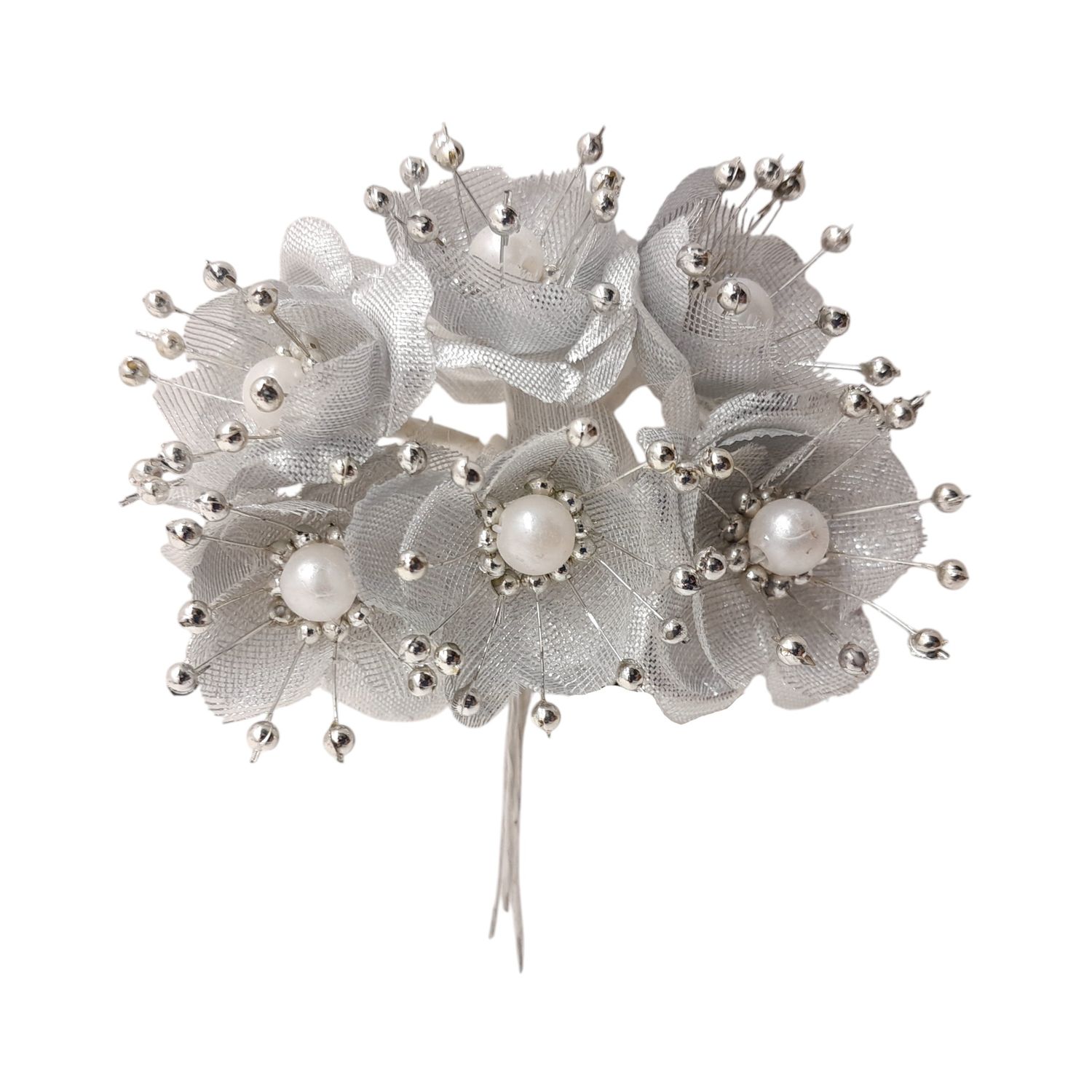 4&quot; Satin Pearl Flower Pick x6 w/1.5&quot; Head Silver