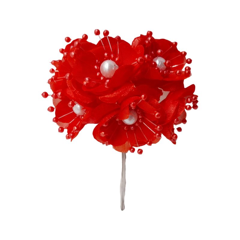 4&quot; Satin Pearl Flower Pick x6 w/1.5&quot; Head Red