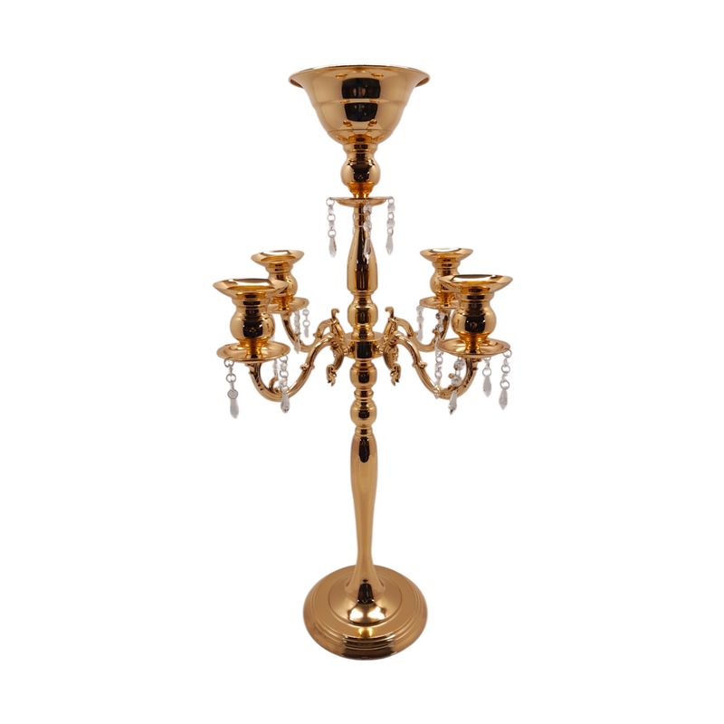 33.75&quot;x18.5&quot; 5 Arm Candelabra w/20 Drop Crystals/9&quot; Base Gold (Glass)