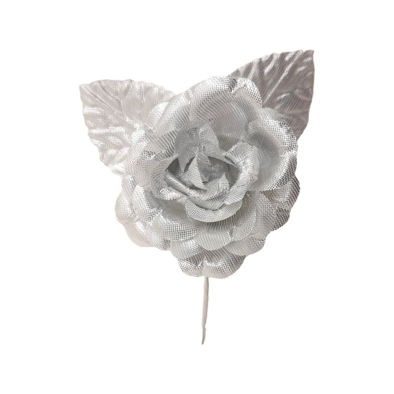 4&quot; Single Satin Flower Pick w/2.35&quot; Head/2 Leaves Silver