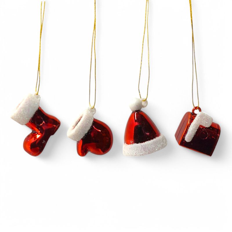 4pc Mini Metallic Red &amp; White Glitter Christmas Ornaments