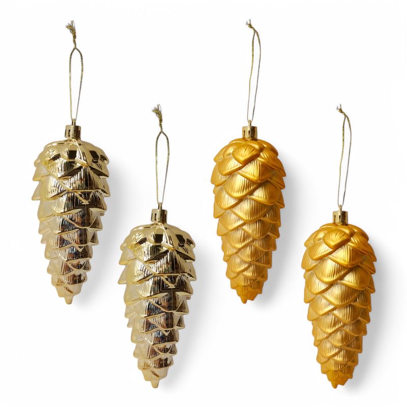 4pc 5.5&quot; Plastic Pinecone Ornaments Gold w/Gold Caps