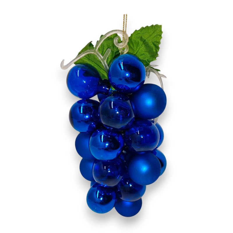 5.5&quot; Glass Grape Cluster Ornament Royal Blue w/Green Leaves