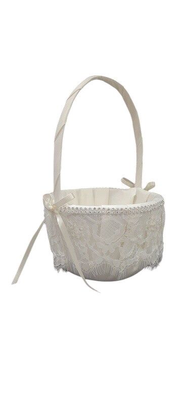 10&quot; Flower Girl Basket w/Lace/Rhinestones Ivory