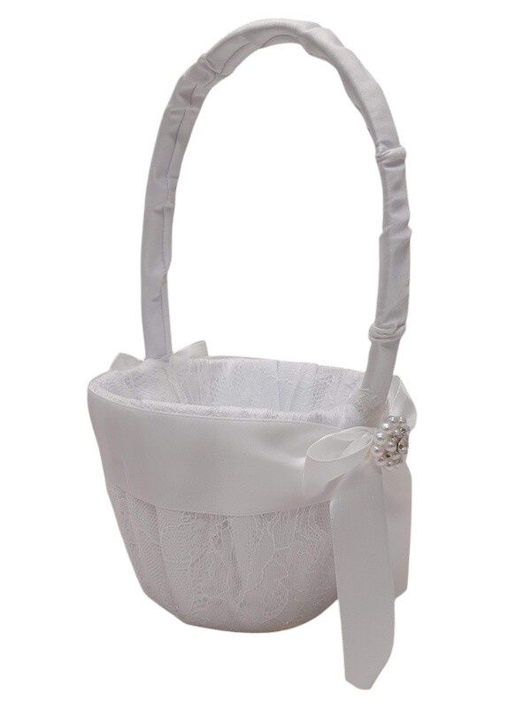 10&quot;  Flower Girl Basket w/Lace/Pearls White
