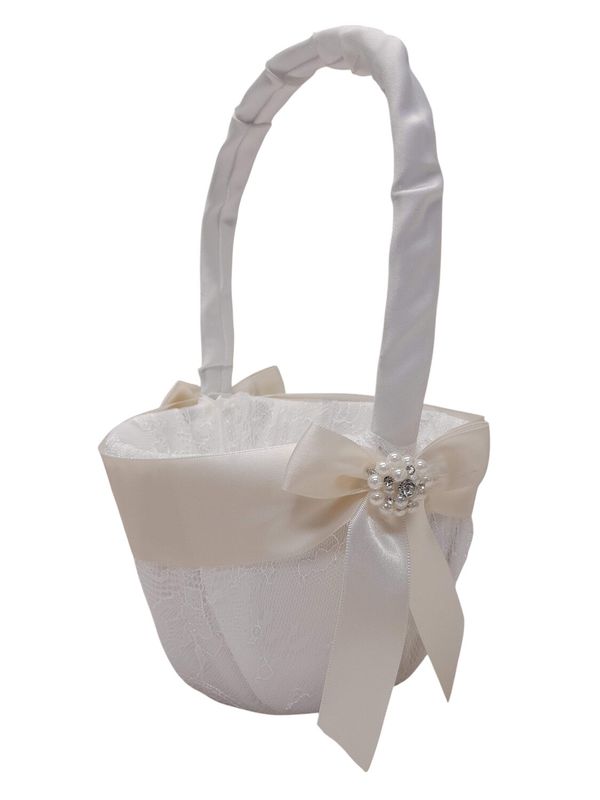 10&quot; Flower Girl basket w/Lace/Pearls Ivory