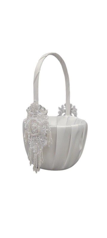 10&quot; Flower Girl Basket w/Lace/Pearls White