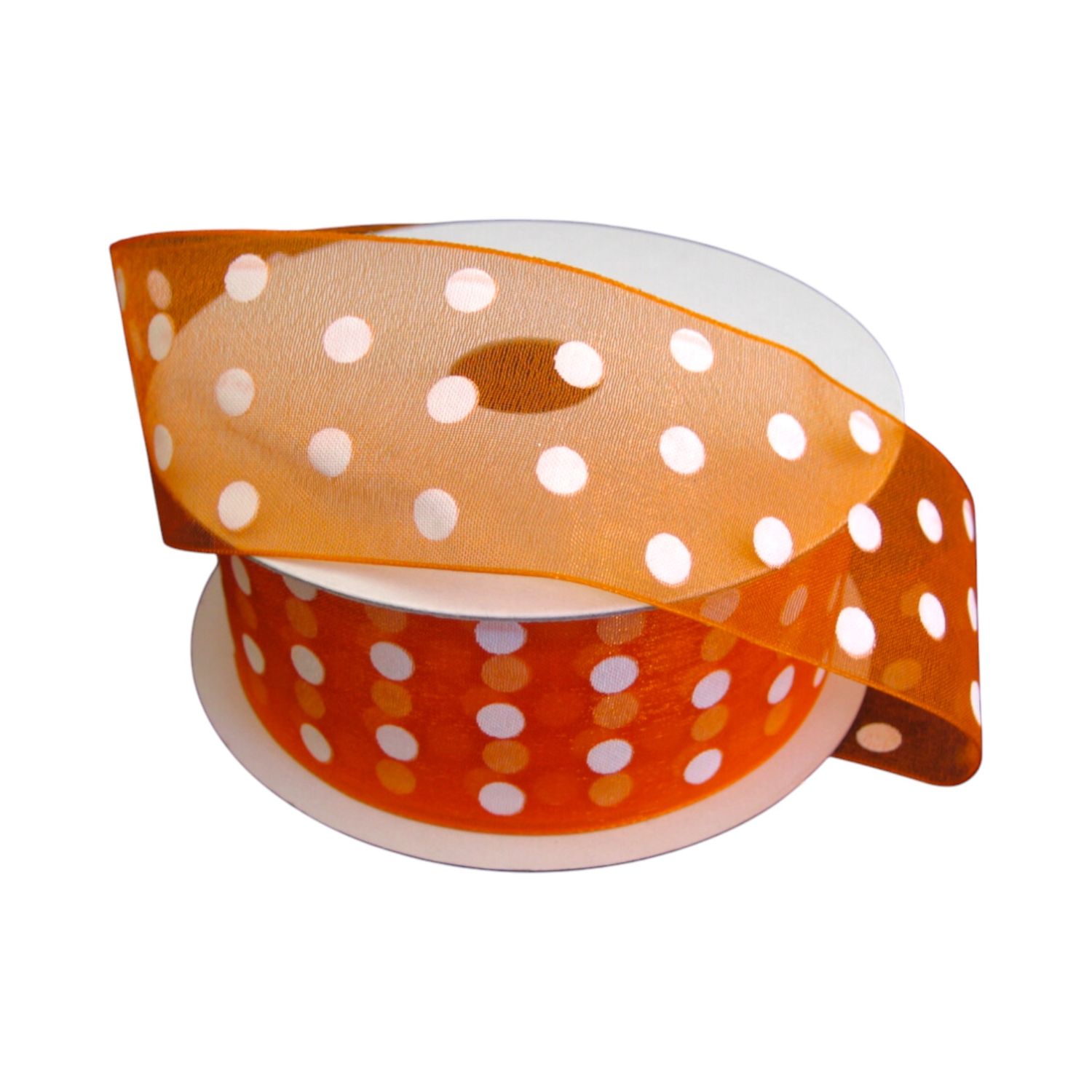 1.5&quot;x25yd Sheer Polka Dot Ribbon Orange w/White Dots