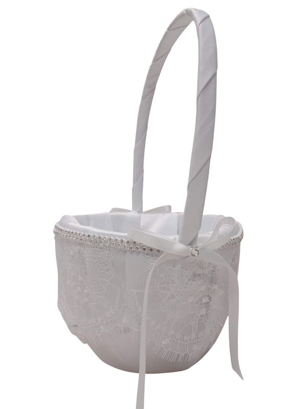 10&quot; Flower Girl Basket w/Lace/Rhinestones White