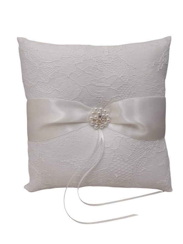 7.5&quot; Ring Pillow w/Lace/Pearls White