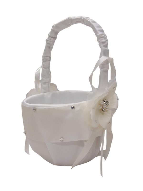 9&quot; Satin Flower Girl Basket Pearl &amp; Rhinestone Ivory