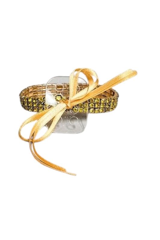 3 Row Rhinestone Wristlet w/Plastic Pad/Ribbon Gold