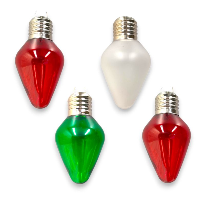 *4pc 3.94&quot; Plastic Bulb Ornaments Red/Green/Frosted w/Silver Caps