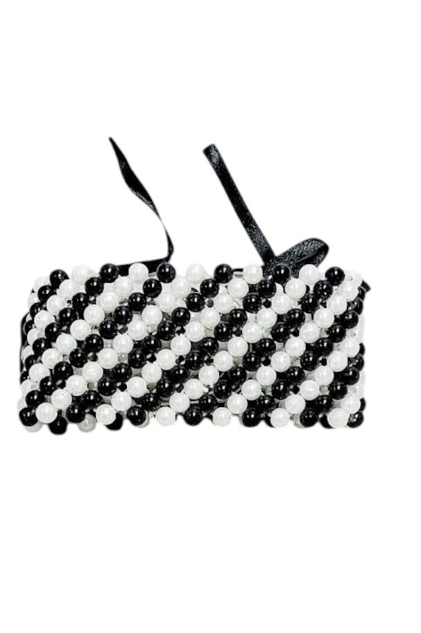 Pearl Wristlet w/Plastic Pad/Ribbon Black/White
