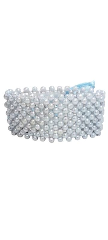 Pearl Wristlet With Plastic Pad/Ribbon Light Blue