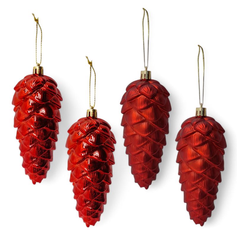 4pc 5.5&quot; Plastic Pinecone Ornaments Red w/Gold Caps