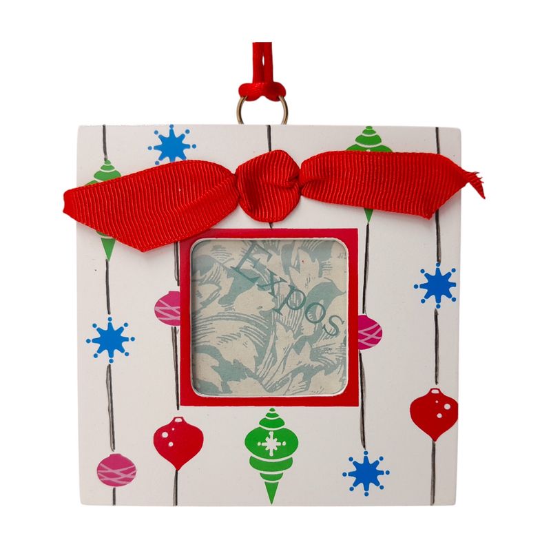 3.25" Wood Picture Frame Christmas Ornament w/Red Bow (Holds 1.5" Photo)