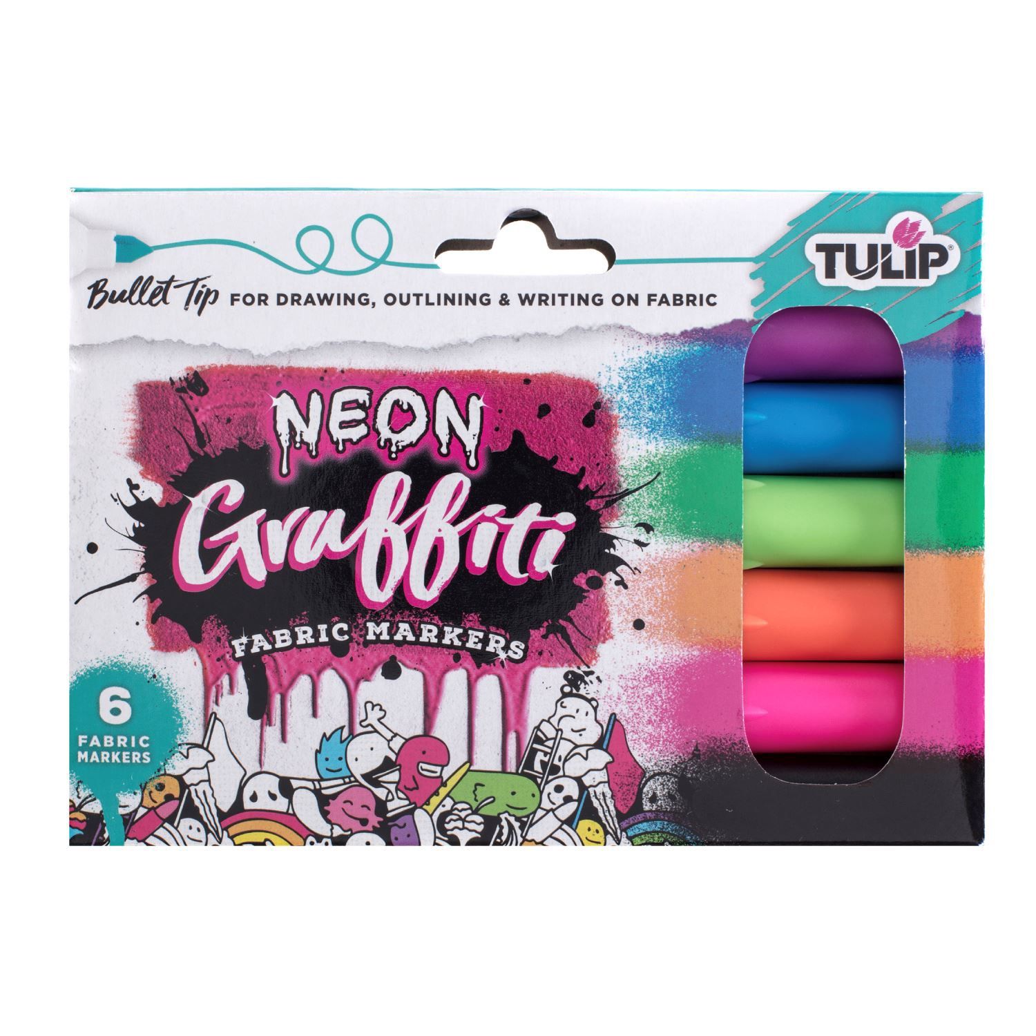 6 Pack Tulip Graffiti Bullet-Tip Fabric Markers Neon