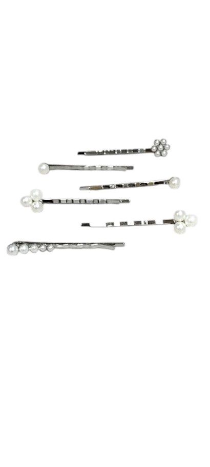 6pc 2" Pearl Bobby Pins Silver/Ivory