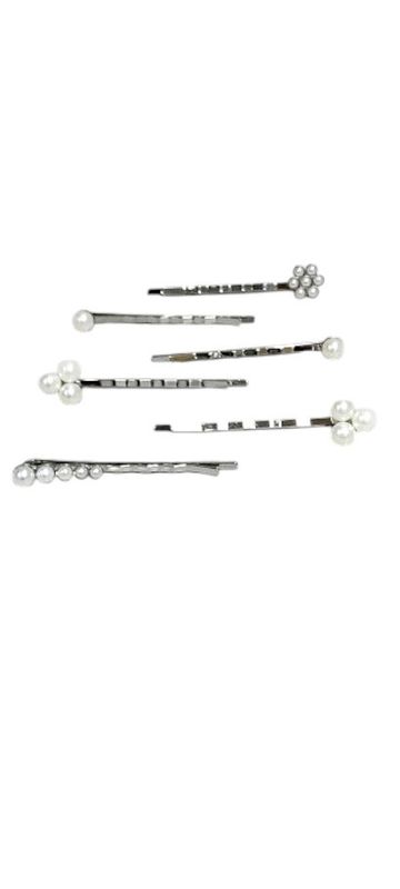 6pc 2&quot; Pearl Bobby Pins Silver/Ivory