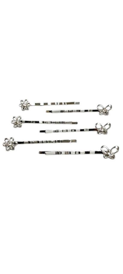 6pc 2" Flower &amp; Butterfly Bobby Pins Silver