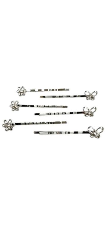 6pc 2" Flower & Butterfly Bobby Pins Silver 6pc 2" Flower & Butterfly Bobby Pins Silver