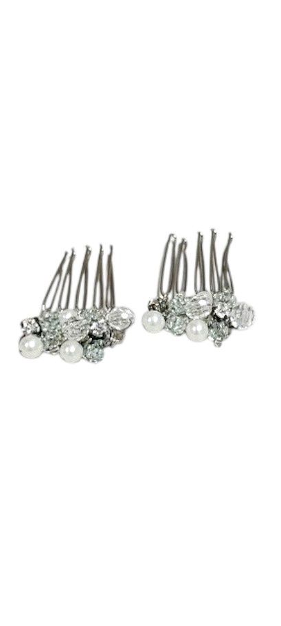 2pc 1.5&quot; Pearl/Rhinestone Hair Comb Crystal/White