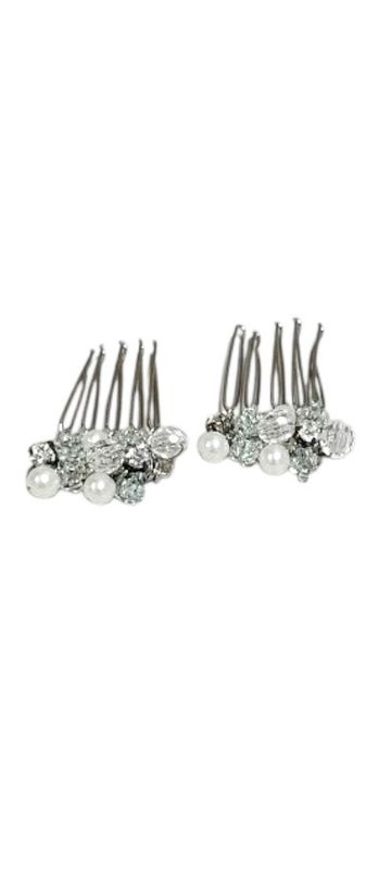 2pc 1.5&quot; Pearl/Rhinestone Hair Comb Crystal/White