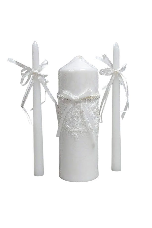 Unity Candle Set w/Lace/Rhinestones White