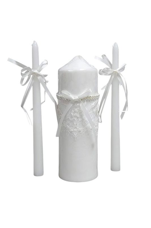 Unity Candle Set w/Lace/Rhinestones White