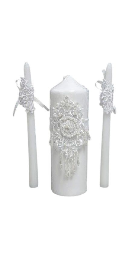 Unity Candle Set w/Lace/Pearls White