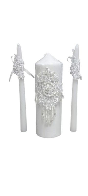 Unity Candle Set w/Lace/Pearls White