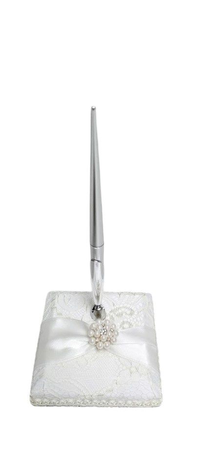 Pen Set w/Lace/Pearls White/Silver