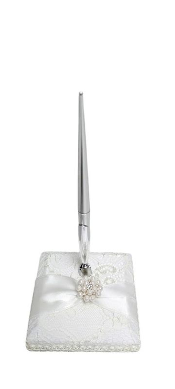 Pen Set w/Lace/Pearls White/Silver
