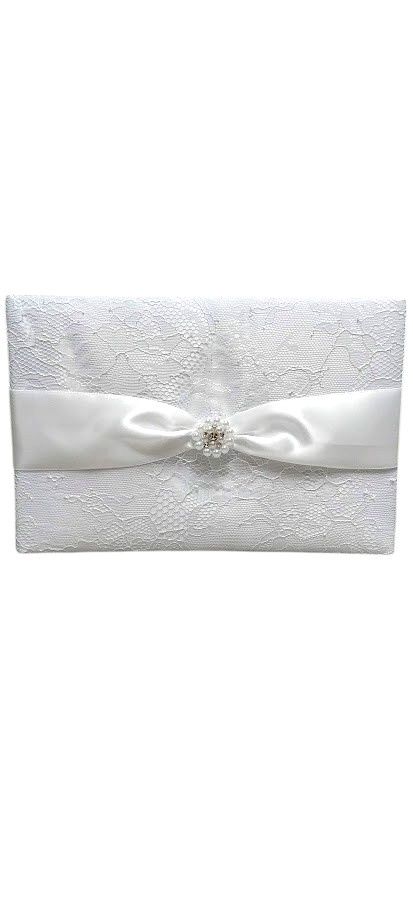 9.75&quot;x6.25&quot; Guest Book w/Lace/Pearls White