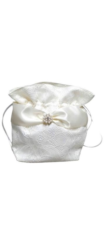 9&quot;x8&quot; Money Bag w/Lace/Pearls Ivory