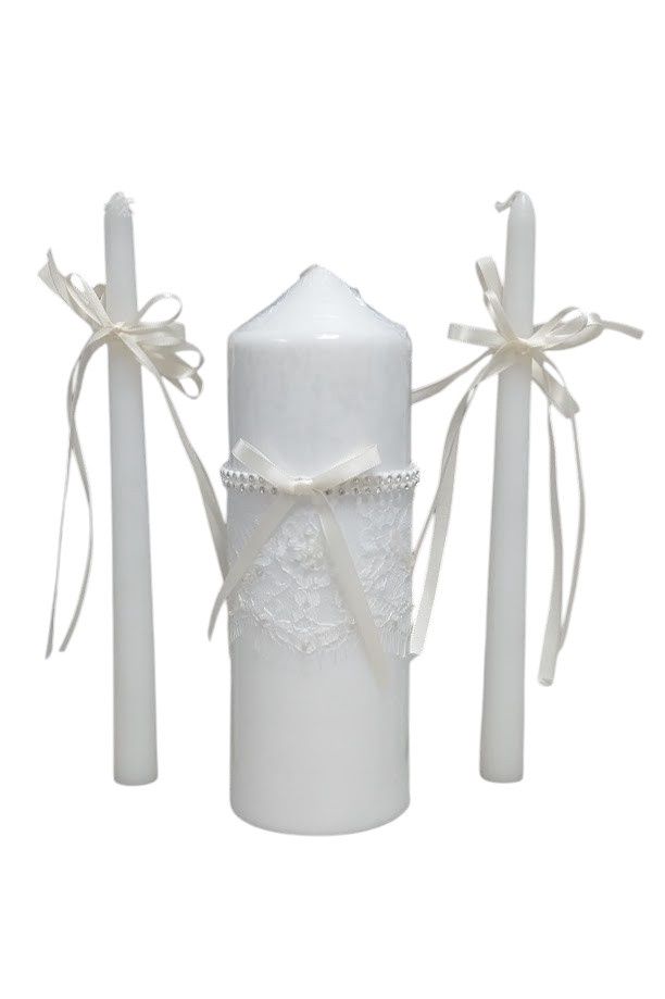 Unity Candle Set w/Lace/Rhinestones Ivory