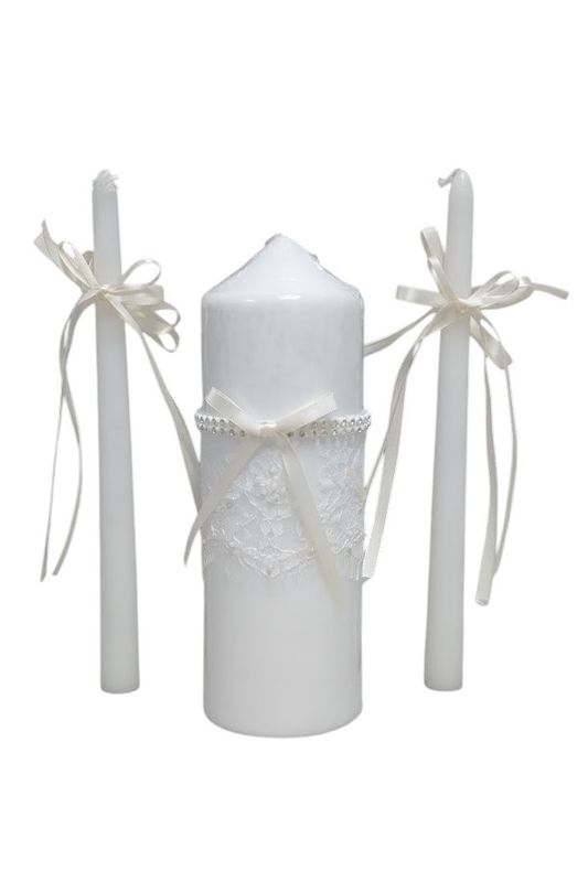 Unity Candle Set w/Lace/Rhinestones Ivory