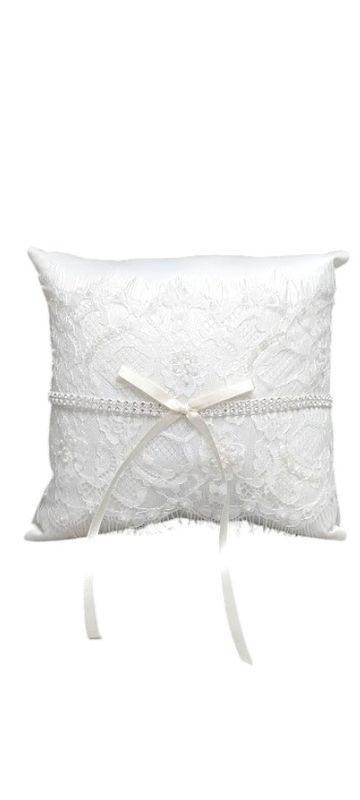 7.5&quot; Ring Pillow w/Lace/Rhinestones Ivory
