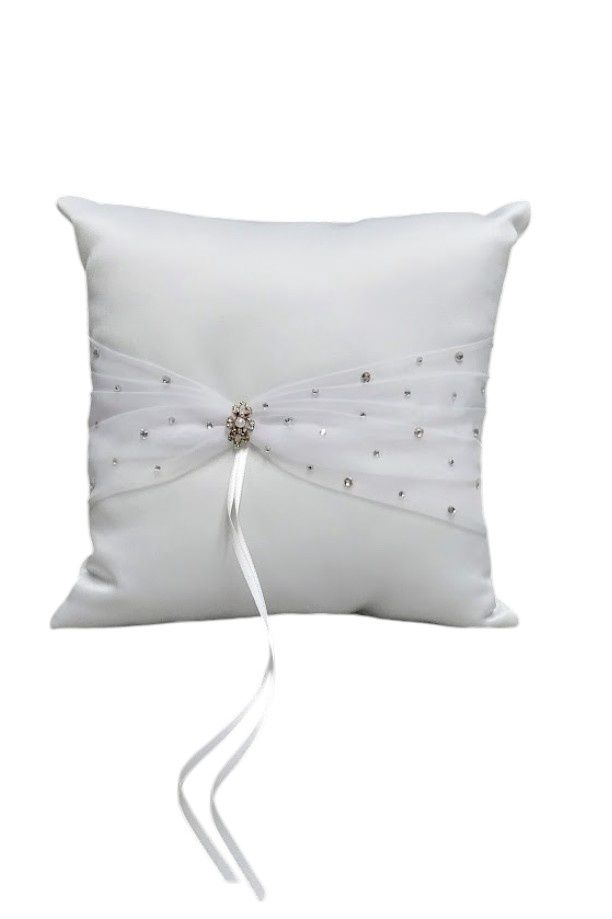 7.5&quot; Ring Pillow w/Rhinestones/Pearls White