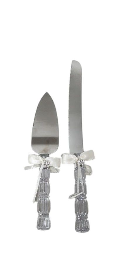 Cake Knife &amp; Server Set Rhinestones/Bow Crystal/Ivory