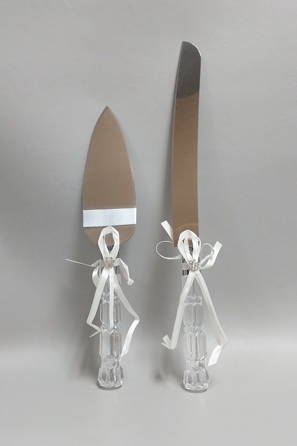 Cake Knife &amp; Server Set w/Bow Crystal/Ivory