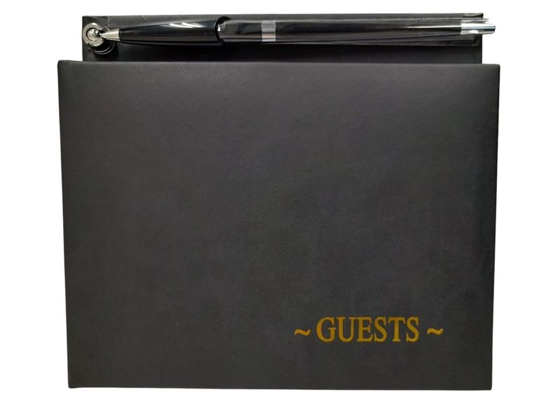 8.5&quot;x7.5&quot; Guest Book w/Pen Black/Gold