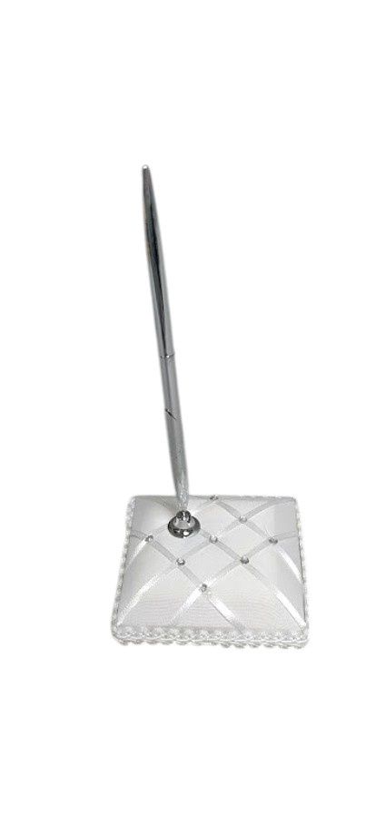 Pen Set w/Satin Base &amp; Rhinestones  White/Silver