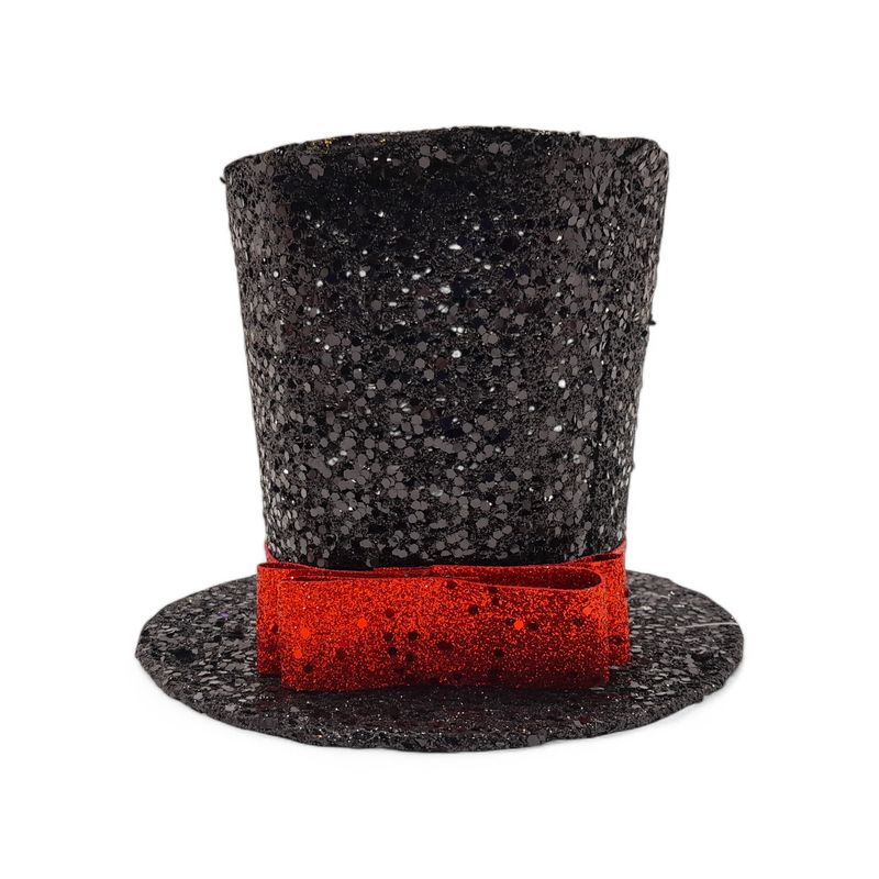 7.75&quot;x7.75&quot;x6&quot; Black Glitter Mesh Top Hat w/Red Glitter Bow