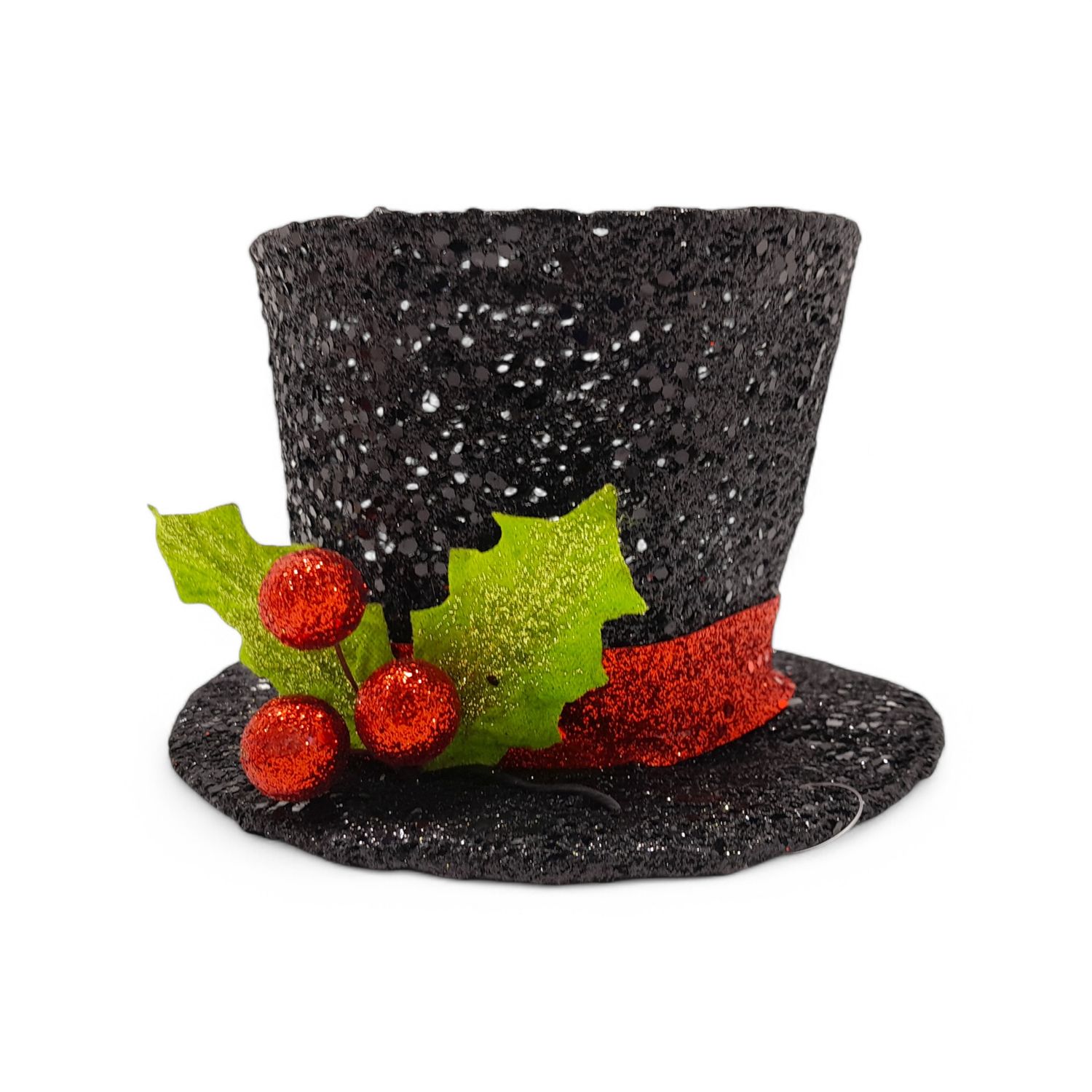 7.25"x7.25"x4.5" Black Glittered Mesh Top Hat w/Glittered Holly Berry Red/Lime