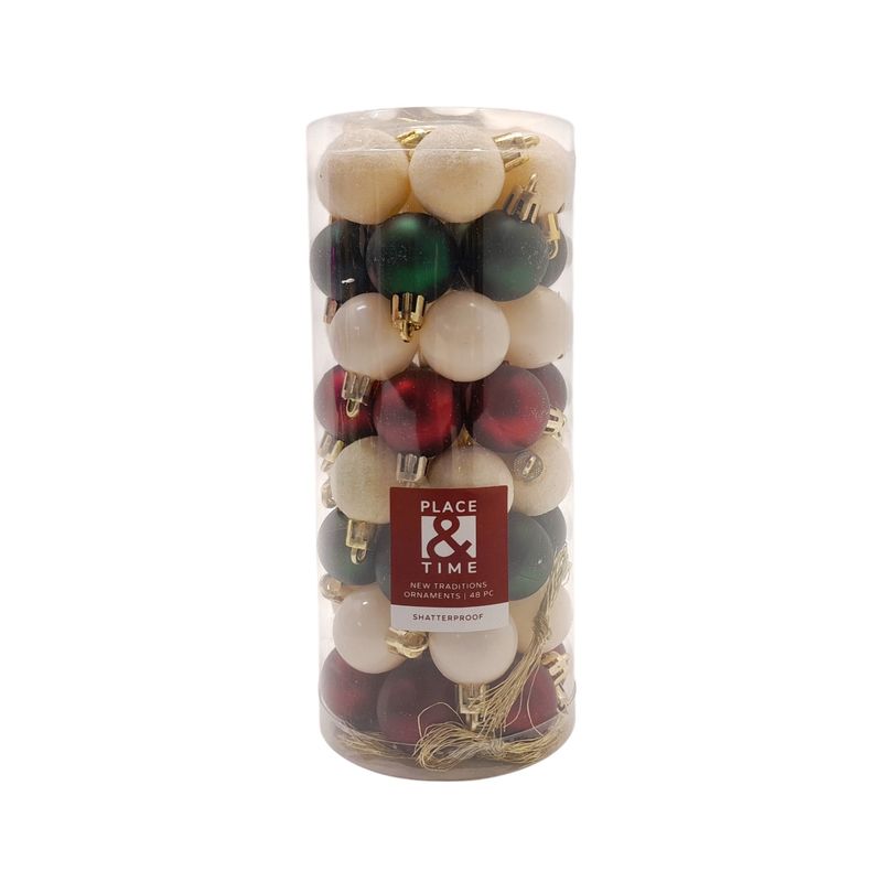 48pc 30mm Ball Ornaments Green/Red/Ivory (Plastic)