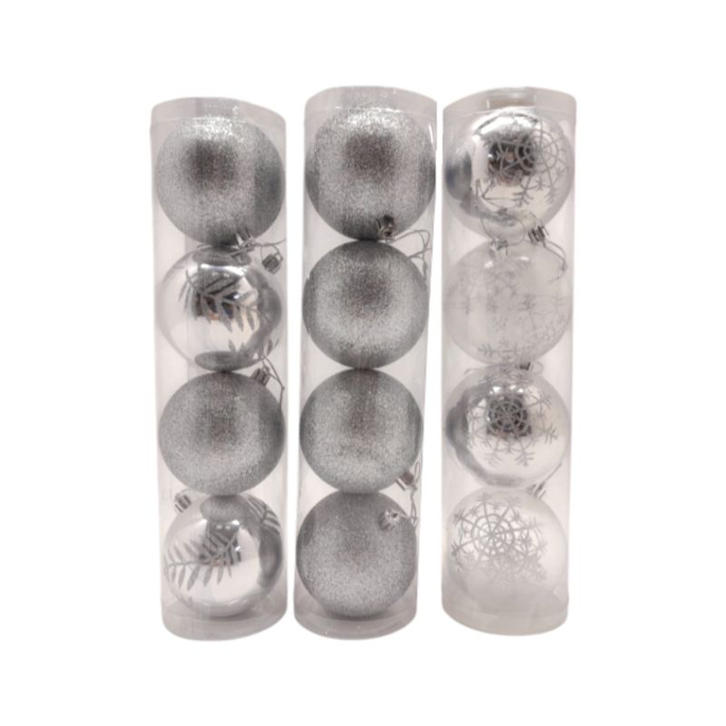 4pc 80mm Plastic Ball Ornaments Silver w/Silver Caps Assorted