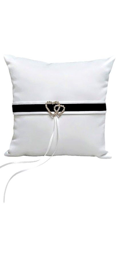 7&quot; Ring Pillow w/Rhinestone Hearts White/Black
